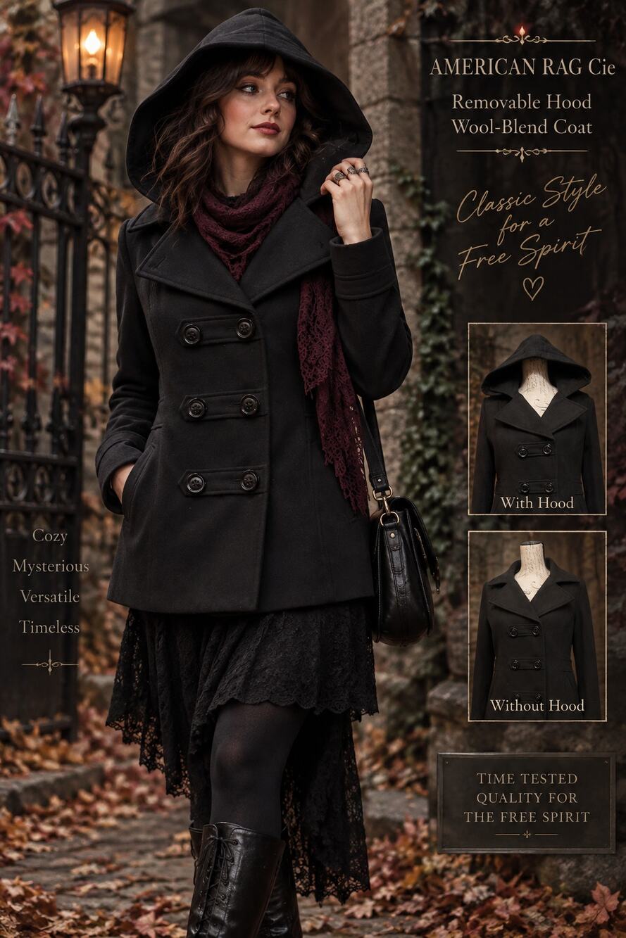 American Rag Cie L Black Hooded Peacoat Military Whimsygoth Jacket